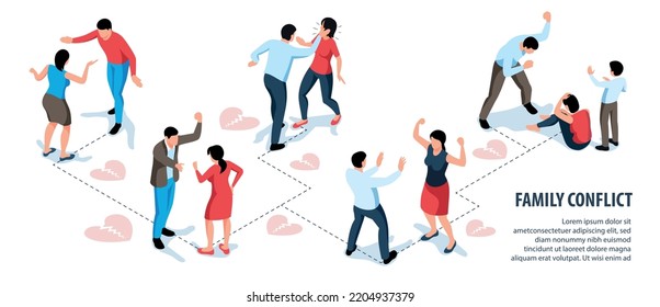 Isometric Family Conflict Infographics With Domestic Violence Scenes Vector Illustration