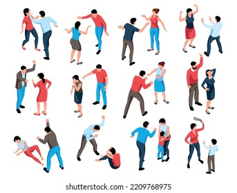 Isometric Family Conflict Set With Children And Adults Fighting And Arguing Scenes Isolated Vector Illustration