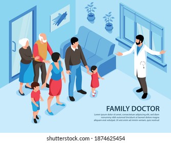 Isometric Family Doctor Background With Editable Text And Home Interior With Family Members And Medical Specialist Vector Illustration