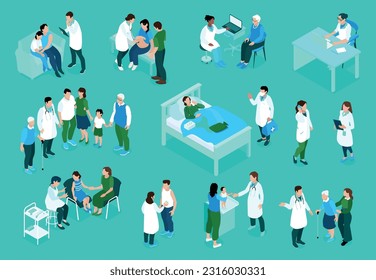 Isometric family doctor color set with isolated compositions of medical specialists and adult relatives with kids vector illustration