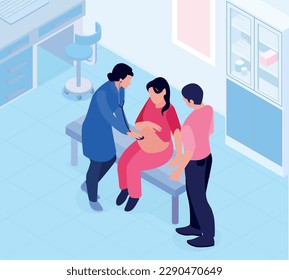 Isometric family doctor composition with characters of pregnant wife and husband having appointment at doctors office vector illustration