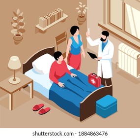 Isometric family doctor composition with indoor scenery of home bedroom with medical specialist and medicine box vector illustration