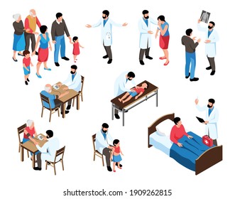 Isometric Family Doctor Set Of Isolated Icons And Human Characters Of Medical Specialist Consulting Examining Patients Vector Illustration