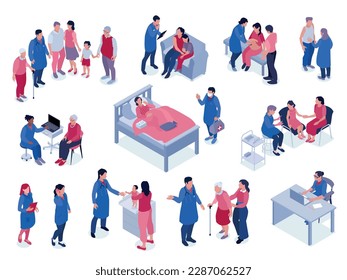 Isometric family doctor set of isolated images with human characters of medical specialists and family members vector illustration