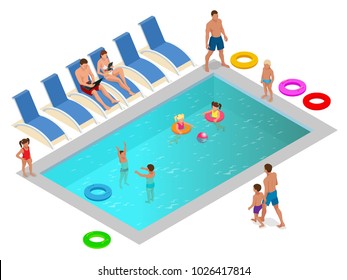 Familia Isometric, que disfruta de vacaciones de verano en el concepto de piscina de lujo. Ilustración del vector