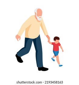 Isometric family with faceless characters of grandfather and his grandson walking together 3d vector illustration