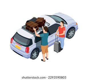 Isometric family going to travel by car packing suitcases vector illustration