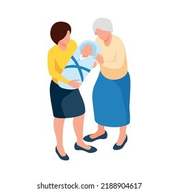Isometric family with grandmother mother and newborn baby 3d vector illustration