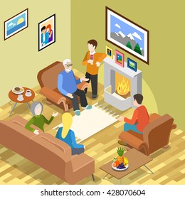 Isometric family home pastime fireplace coffee time spending relax concept. Flat 3d isometry parents children  daughter son father mother. Creative people collection.