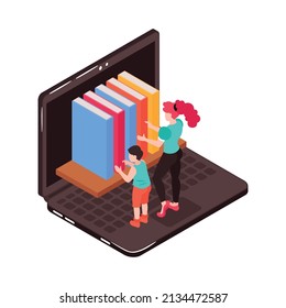 Isometric family homeschooling composition with laptop bookshelf and mother with child vector illustration