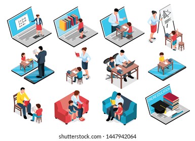 Isometric family homeschooling education learn online study set of isolated images with books computers and people vector illustration