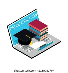 Isometric family homeschooling education learn online study composition with isolated image on blank background vector illustration