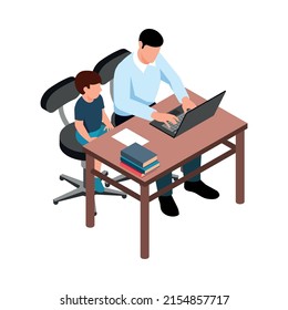Isometric family homeschooling education learn online study composition with isolated image on blank background vector illustration