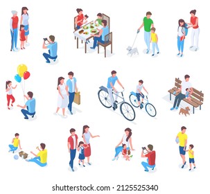 Isometric family with kids, parenting daily or holiday activities. Adults and elders spending time with children vector illustration set. Child care and affection scenes. Riding, bike, having picnic