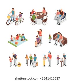 Isometric family with kids. Parents with children walking, eating at home and on nature. Parenting and motherhood, adults and teens flawless vector set