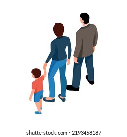 Isometric family with mum dad and son back view 3d vector illustration