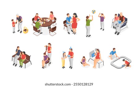 Isometric family. Parents with kids, children play with mother father or grandparents. People walking reading recreation together, flawless vector set