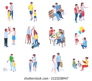 Isometric family, parents play and walk with children. Families walk in park, reading books or having dinner vector illustration set. Parents spending time with kids. Leisure activities, resting