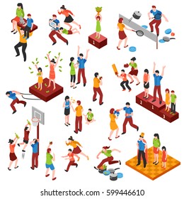 Isometric family relationships icon set with playing in games championship and enjoyed each other vector illustration