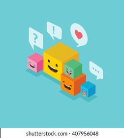 Isometric family square emoticons colorful emoji with communication speech bubbles