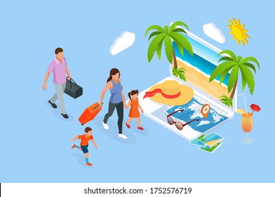 Isometric family summer travel concept. Father with kids on the beach enjoying summer. Family vacation
