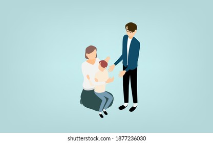 Isometric, family ties, father and mother giving children