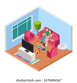 Isometric family time. Vector parents and kids watching TV and playing. Happy parenthood illustration. Tv watch family mother, father and children