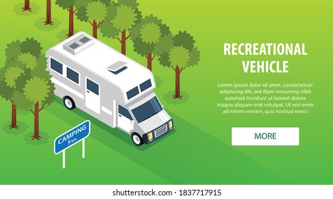 Isometric family trip horizontal banner with outdoor suburban road camper van with clickable button and text vector illustration