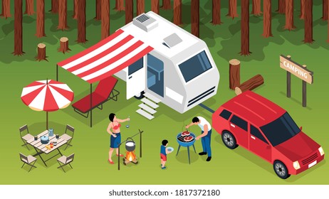 Isometric family trip horizontal composition with outdoor forest scenery camper van and family members making barbecue vector illustration 