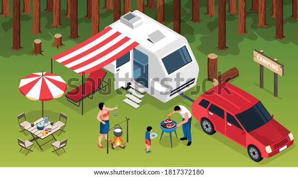 Isometric family trip horizontal composition with\
outdoor forest scenery camper van and family members making\
barbecue vector illustration\
