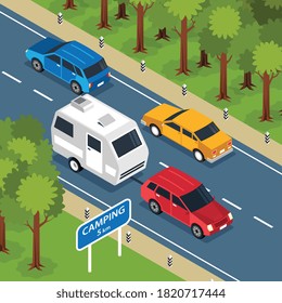 Isometrische Komposition für Familienausflüge, quadratische Komposition mit Außenlandschaft und Autobahnroute mit Camper-Van und Autos Vektorgrafik