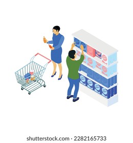 Isometric family with trolley doing shopping in supermarket 3d vector illustration