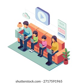 Familia isométrica que utiliza múltiples dispositivos con servicio de Suscripción digital compartida. Concepto de Suscripción de Plan familiar