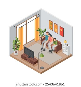 Isometric family watch tv. Parents and kid sitting on sofa in living room together. Home evening or weekend, parenthood, recreating time flawless vector scene