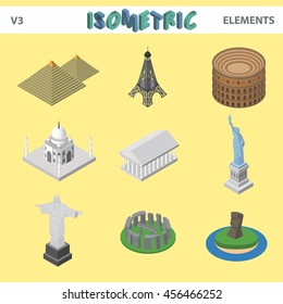 Lugares históricos famosos isométricos, Torre Eiffel, Stonehenge, Coliseo, Pirámide, Taj Mahal, Templo de Atenea, Estatua de la Libertad, Jesús el Redentor, Estatua de Moai, ilustración vectorial