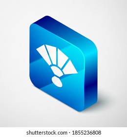 Isometric Fan flamenco accessory icon isolated on grey background. Blue square button. Vector.