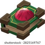 Isometric fantasy book vector element with a gemstone cover. Closed tome with layered pages, corner protectors, and a faceted ruby jewel in green, red, and brown tones.