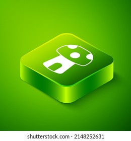 Isometric Fantasy mushroom house icon isolated on green background. Fairytale house. Green square button. Vector