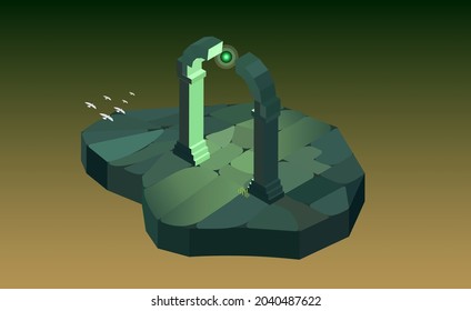 Isometric fantasy portal on a floating island. Vector illustration with copy space. Surreal gateway for roleplaying game. 