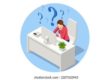 Isometric FAQ Frequently Asked Questions Concept. Woman Ask Questions And Receive Answers. Business Woman Asking Wuestions Around A Huge Question Mark.