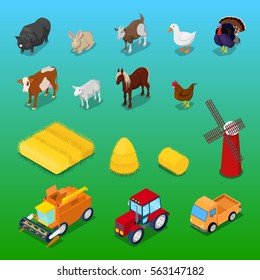 Isometric Farm Animals And Agricultural Transportation. Vector 3d Flat Illustration