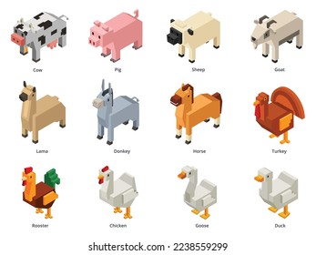 Isometric farm animals. Low poly cow, pig and sheep. Polygonal goat, voxel domestic birds and horse 3D cartoon vector set of farm isometric pig illustration