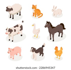 Isometric farm animals set. Collection of different pets. Sheep and pig, cat, dog, goose, rabbit, cow and horse. Farming and livestock. Cartoon vector illustrations isolated on white background