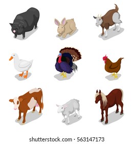 Isometric Farm Animals Set With Cow, Rabbit, Horse And Goose. Vector 3d Flat Illustration