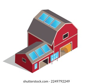 Isometric farm barn. Greenhouse for growing plants in bad weather and winter season, protection from cold. Exterior and building, farming and agriculture concept. Cartoon 3d vector illustration