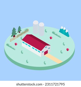 isometric farm barn with silo tower vector illustration