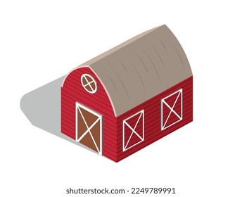 Isometric farm barn. Small red building for storing inventory and crops, food. Symbol of countryside and village, farming. Graphic element for printing on fabric. Cartoon 3d vector illustration