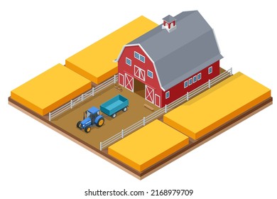Isometric Farm building with agricultural tractor, cultivated fields. Agriculture wheat field.