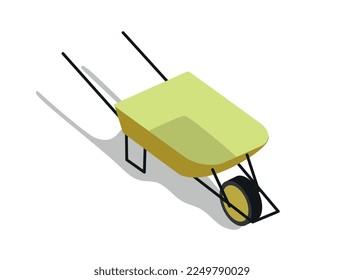 Isometric farm cart. Inventory for transport of food and soil. Gardening and outdoor work concept. Countryside, harvesting and farming. Poster or banner for website. Cartoon 3d vector illustration