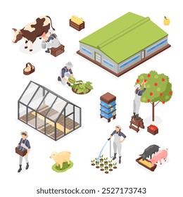 Isometric farm characters. People working with plants and animal in garden, watering and collect fruits and vegetables. Agriculture greenhouse flawless vector set